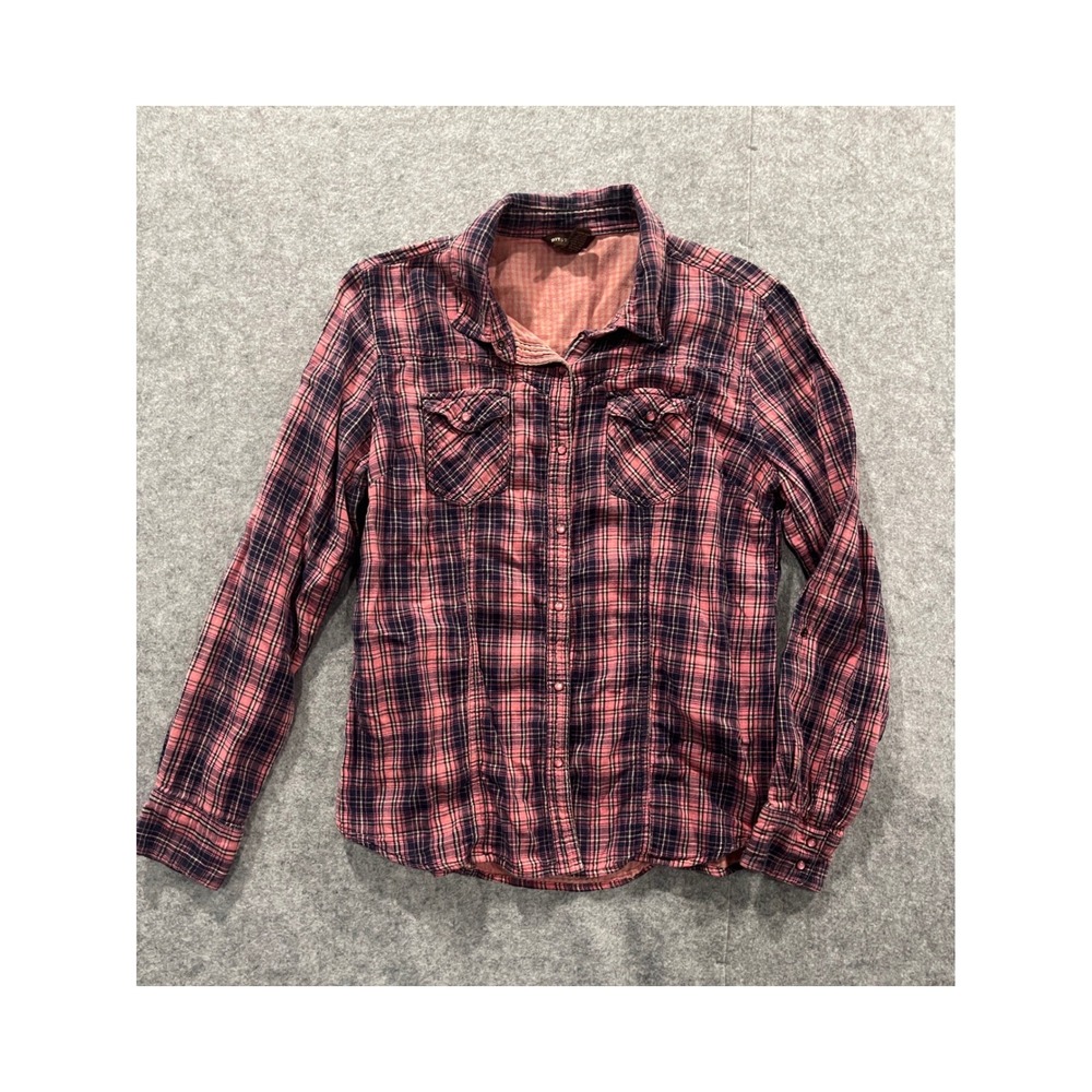 Bit & Bridle Pink Navy Plaid Snap Front Western Shirt Women Large 100% Cotton